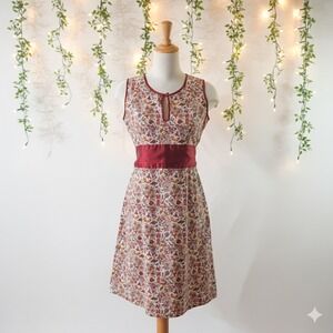 Kit Cornell Floral Bird Print Keyhole Neckline Dress Burgundy Renaissance size 8
